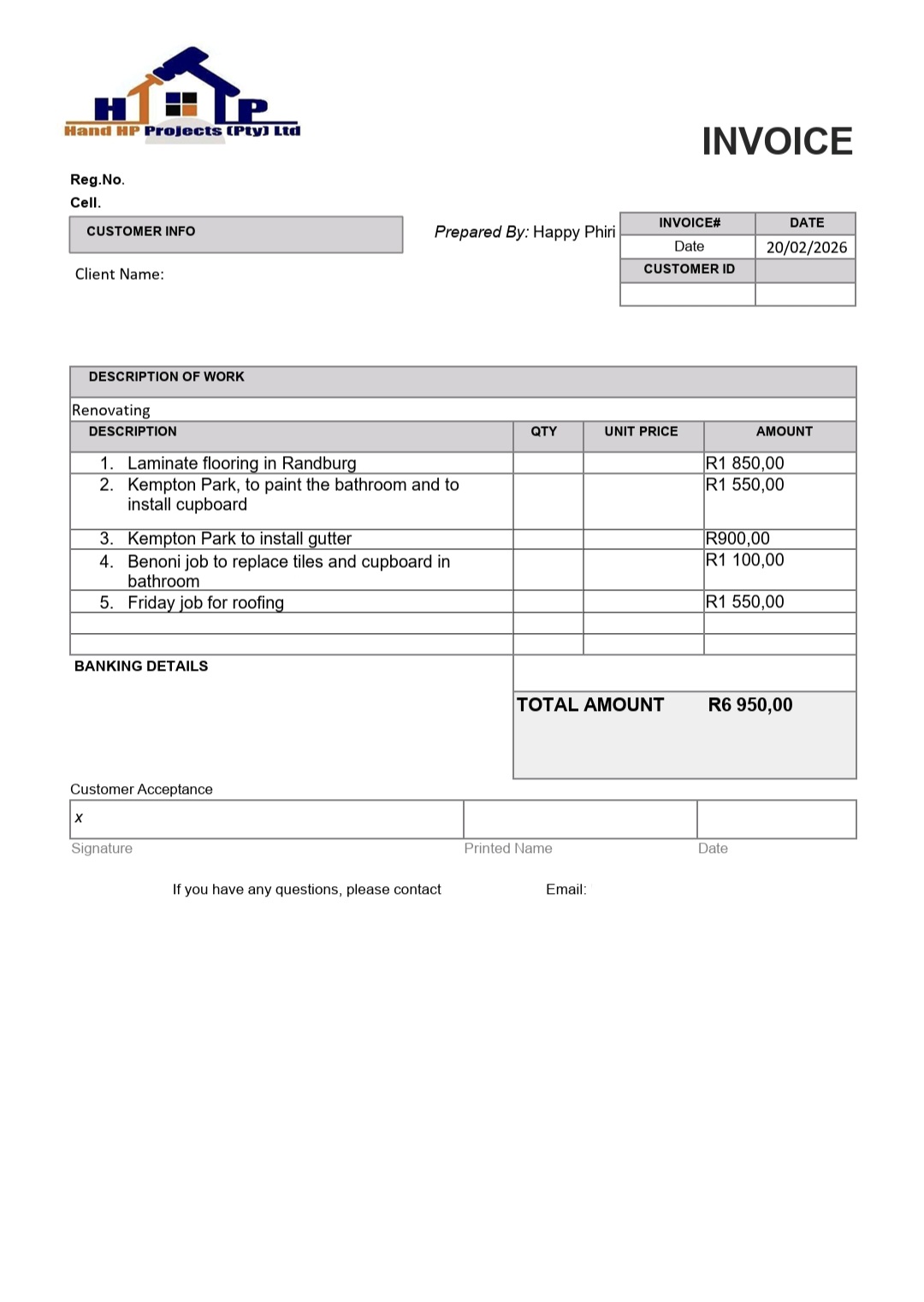 Invoice — Renovation Work